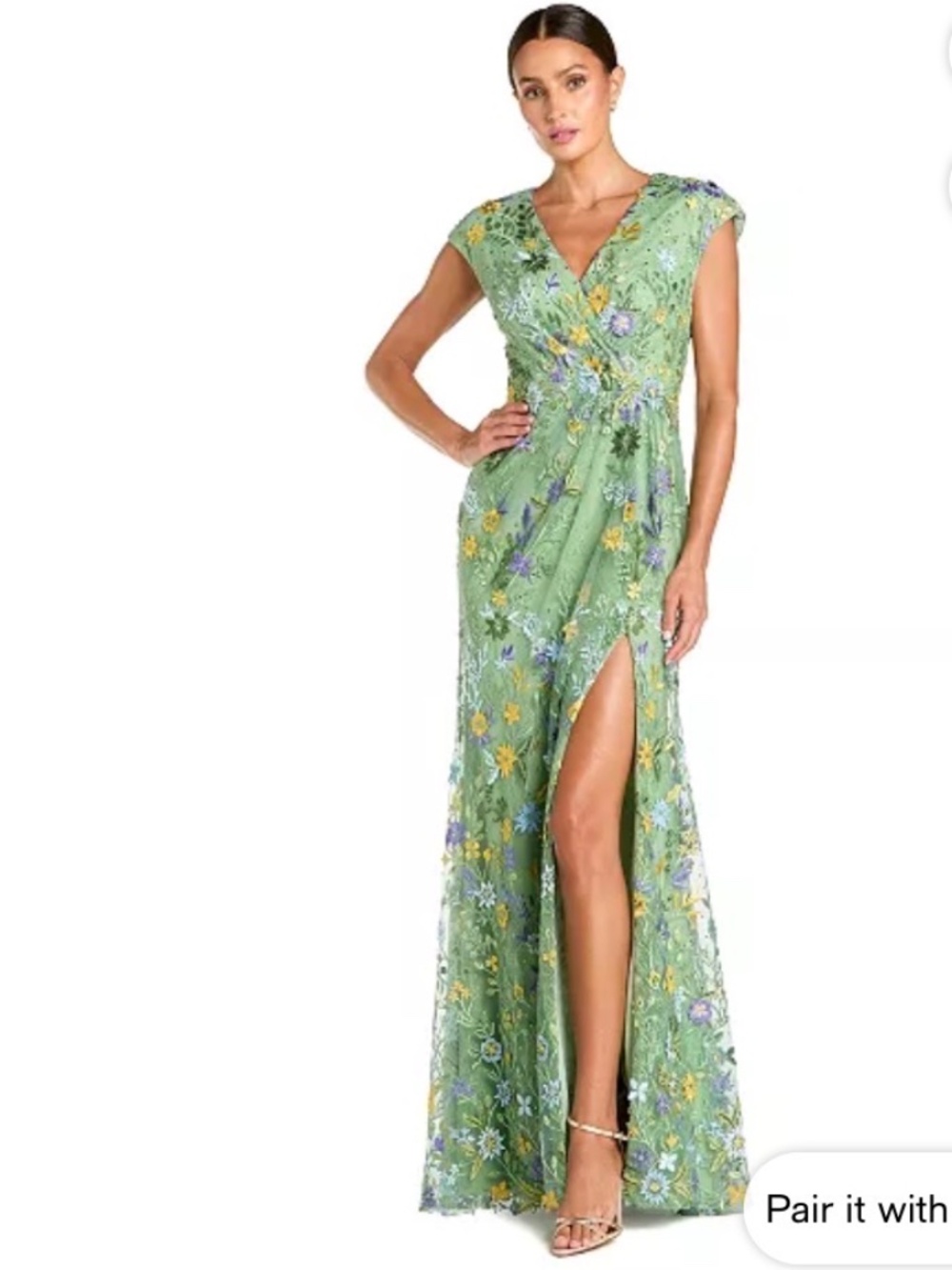 Mac Duggal sage women’s faux wrap embroidered cap sleeve gown size 16